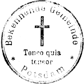 Rundstempelabdruck auf weißem Papier mit zentrischen Kreuz und Beschriftung